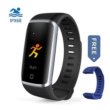 Waterproof Fitness Tracker Bluetooth Activity Tracker Compatible Android iOS Color Screen Smart Bracelet IPX68 Heart Rate Monitor Step Calorie Counter Replaceable Wrist Band Blue Men Women Kids