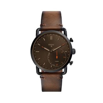 Fossil Men Commuter Stainless Steel and Leather Hybrid Smartwatch Color Black Brown