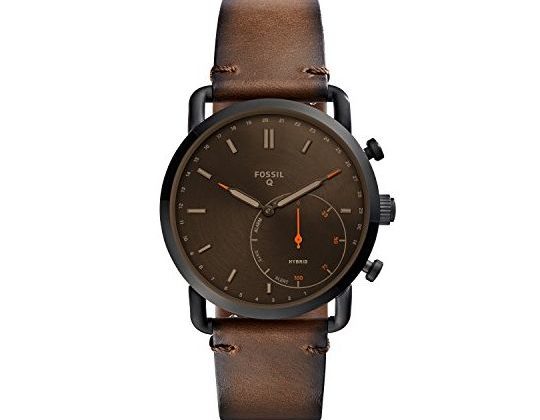 Fossil Men Commuter Stainless Steel and Leather Hybrid Smartwatch Color Black Brown